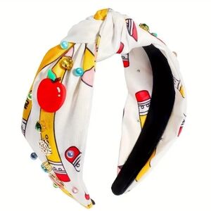 Teacher's Wide Headband Embellished Apples Pencils Rhinestones Pearls